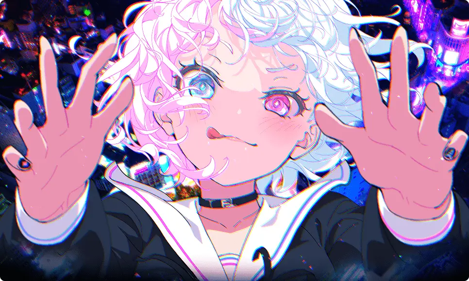 アニメ風の大きな青い目とピンク色の髪を持つキャラクターが両手を前に出しているイラストの様子。